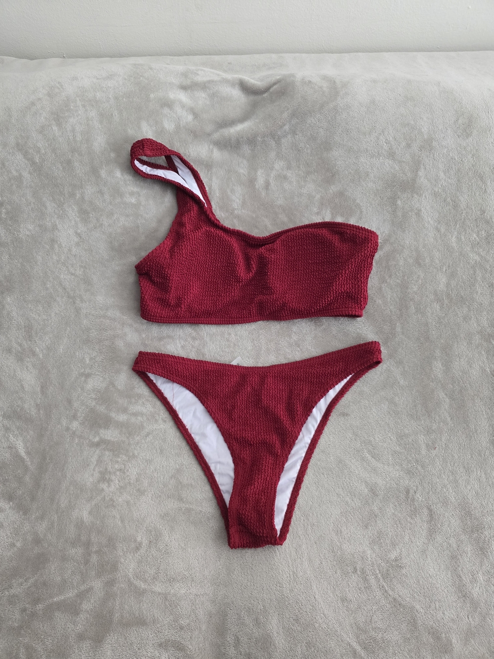 Textured One-Shoulder Bikini Set in Deep Red